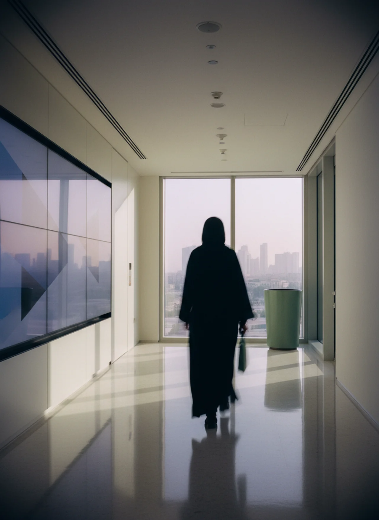 A woman striding down a bright corridor toward the Riyadh skyline